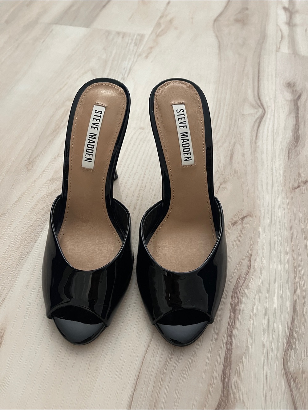 Steve Madden Priya Black Patent Open-Toe Mule Heels